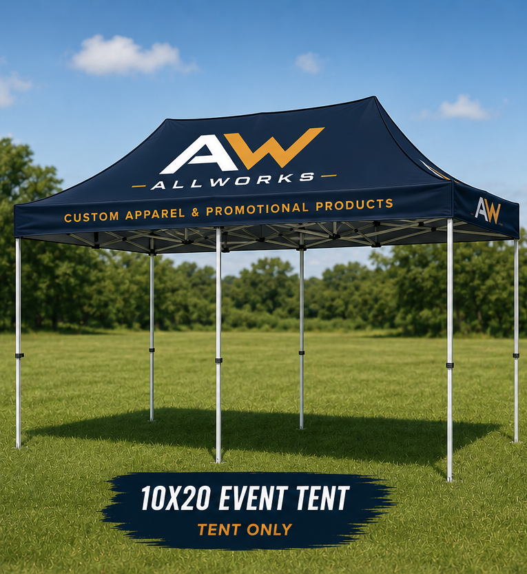 10x20 event tent with Allworks branding on a grassy field.