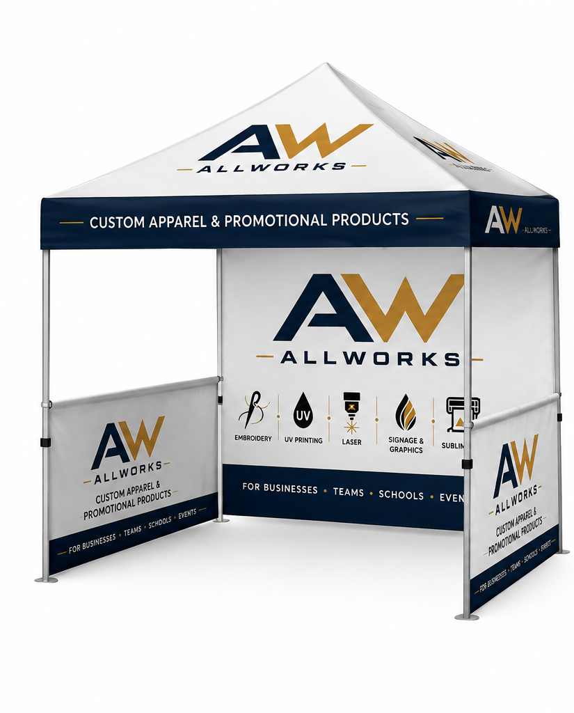 10x10 fully sublimated pop up tent with two half walls and one full back wall