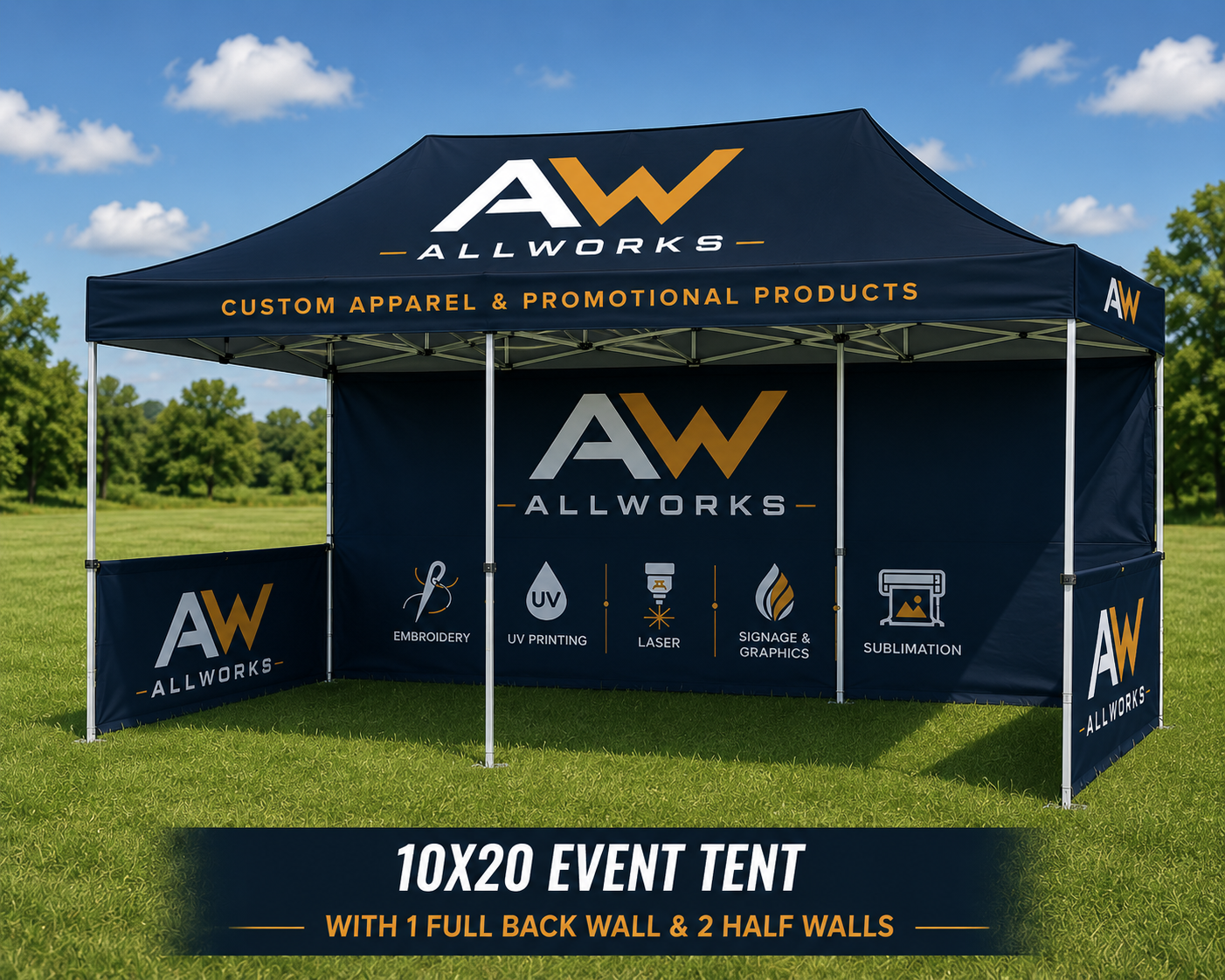 Allworks 10x20 event tent with branding on a grassy field.