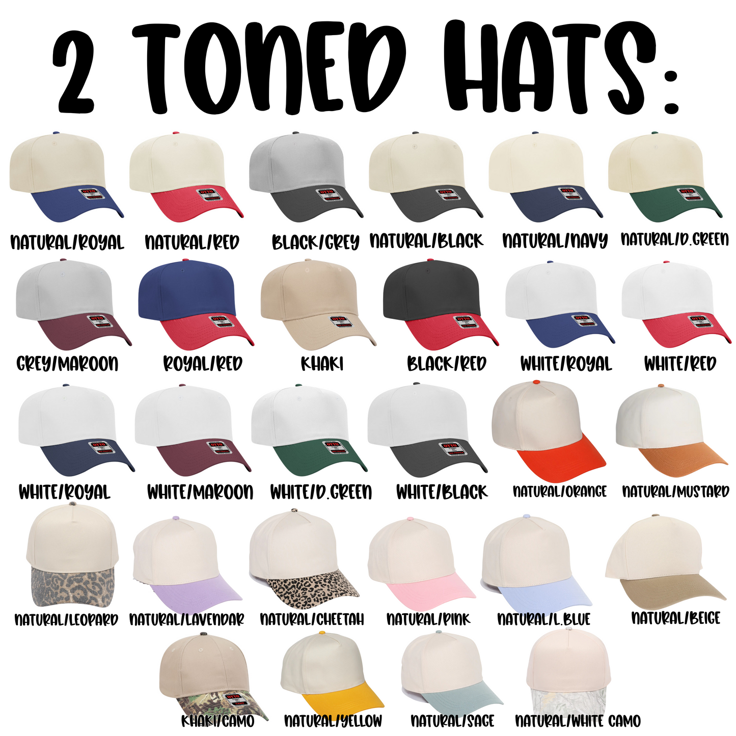 Collection of 2-toned baseball caps in various color combinations on a white background.