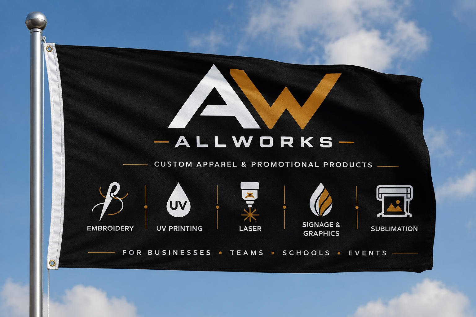 Allworks custom apparel and promotional products flag against a blue sky