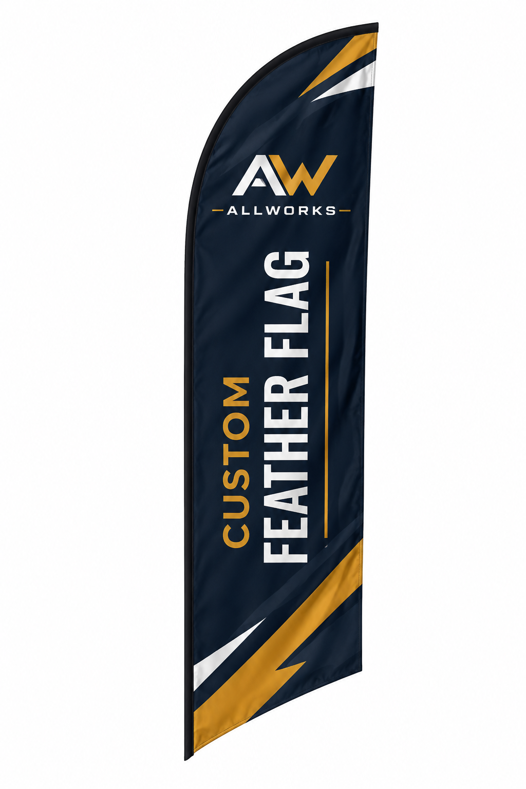 Custom feather flag with AllWorks branding on a white background