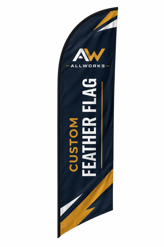 Custom feather flag with AllWorks branding on a white background