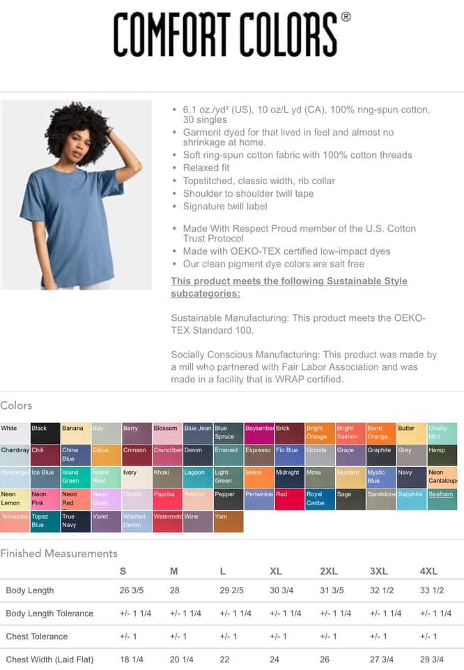 Comfort Colors product page with a model wearing a blue shirt and color swatches.