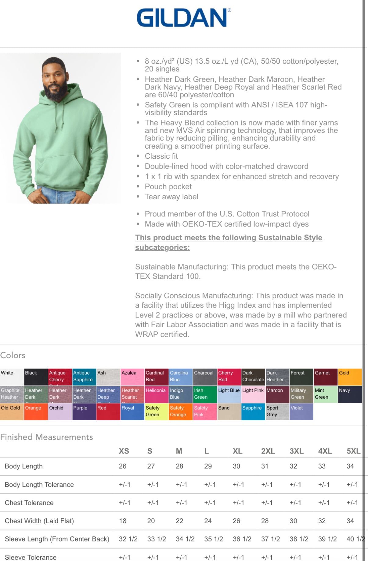 Gildan hoodie with color options and size chart on a white background