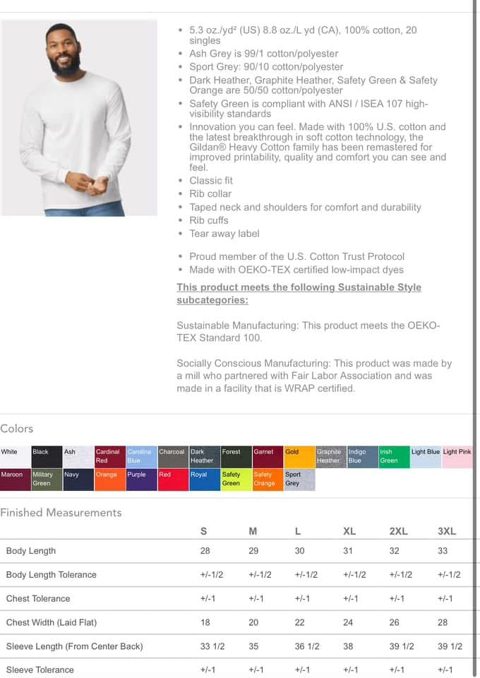 Product description and color options for a shirt with text details and color swatches.
