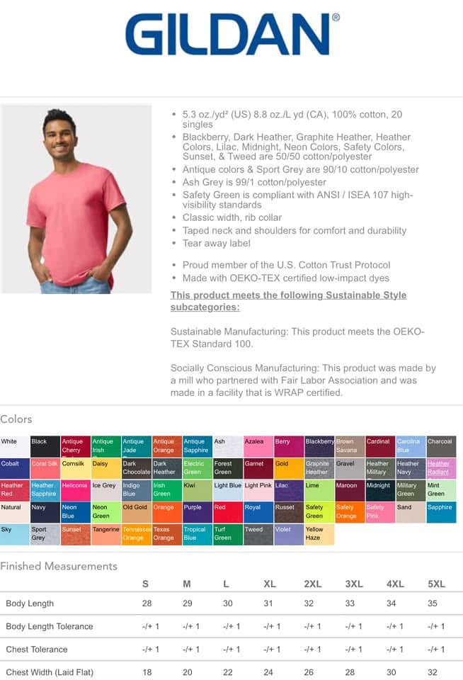 Gildan t-shirt color chart with a man wearing a pink t-shirt.