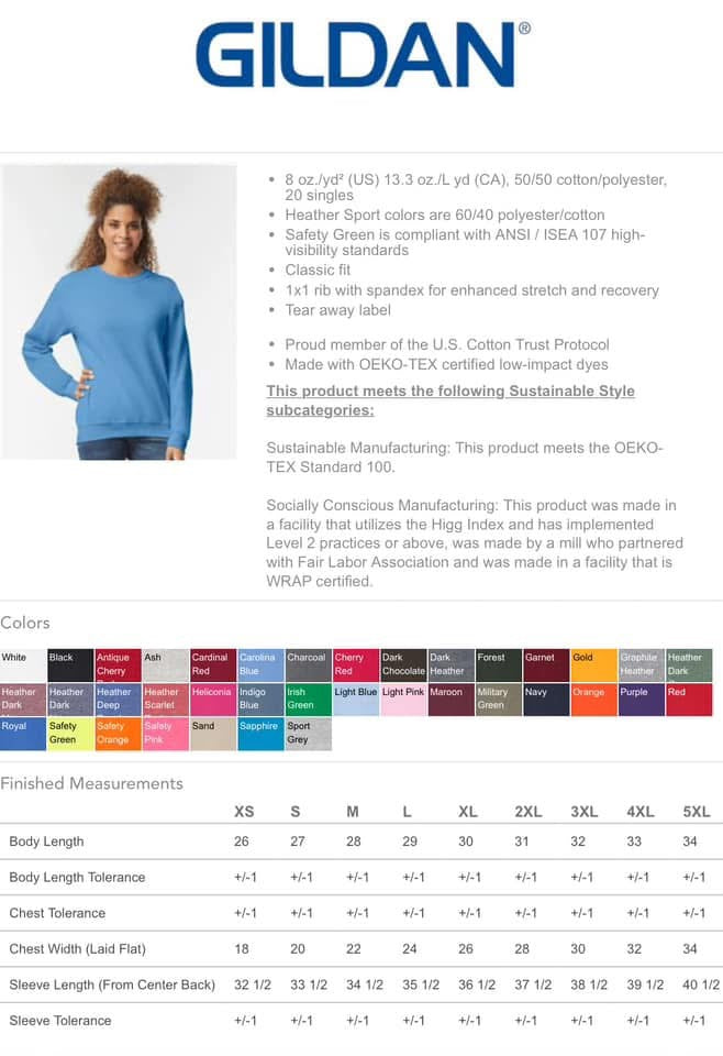 Gildan product information sheet with a woman wearing a blue sweater and color swatches.