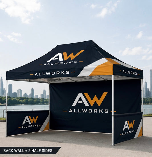 Custom 10x15 fully sublimated event tent with two half walls and full back wall