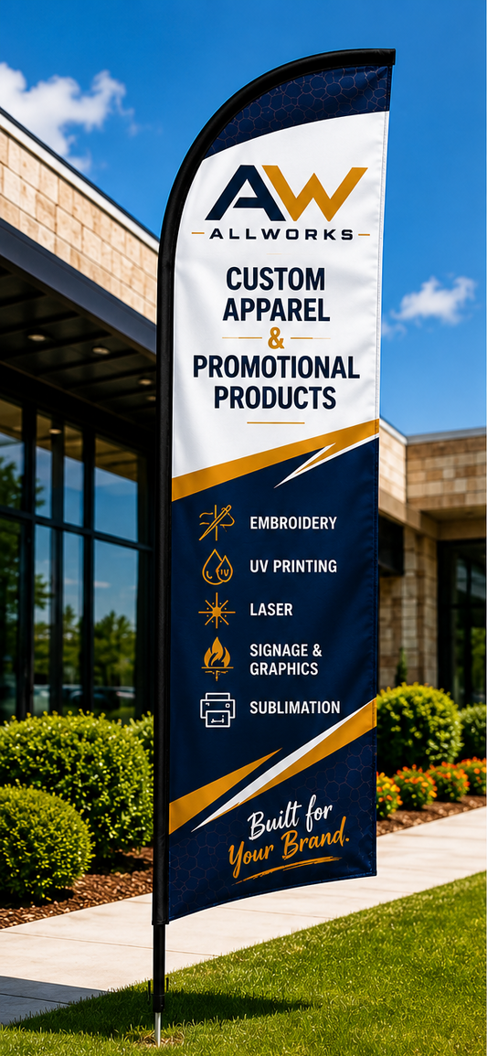 AllWorks custom apparel and promotional products flag in front of a building