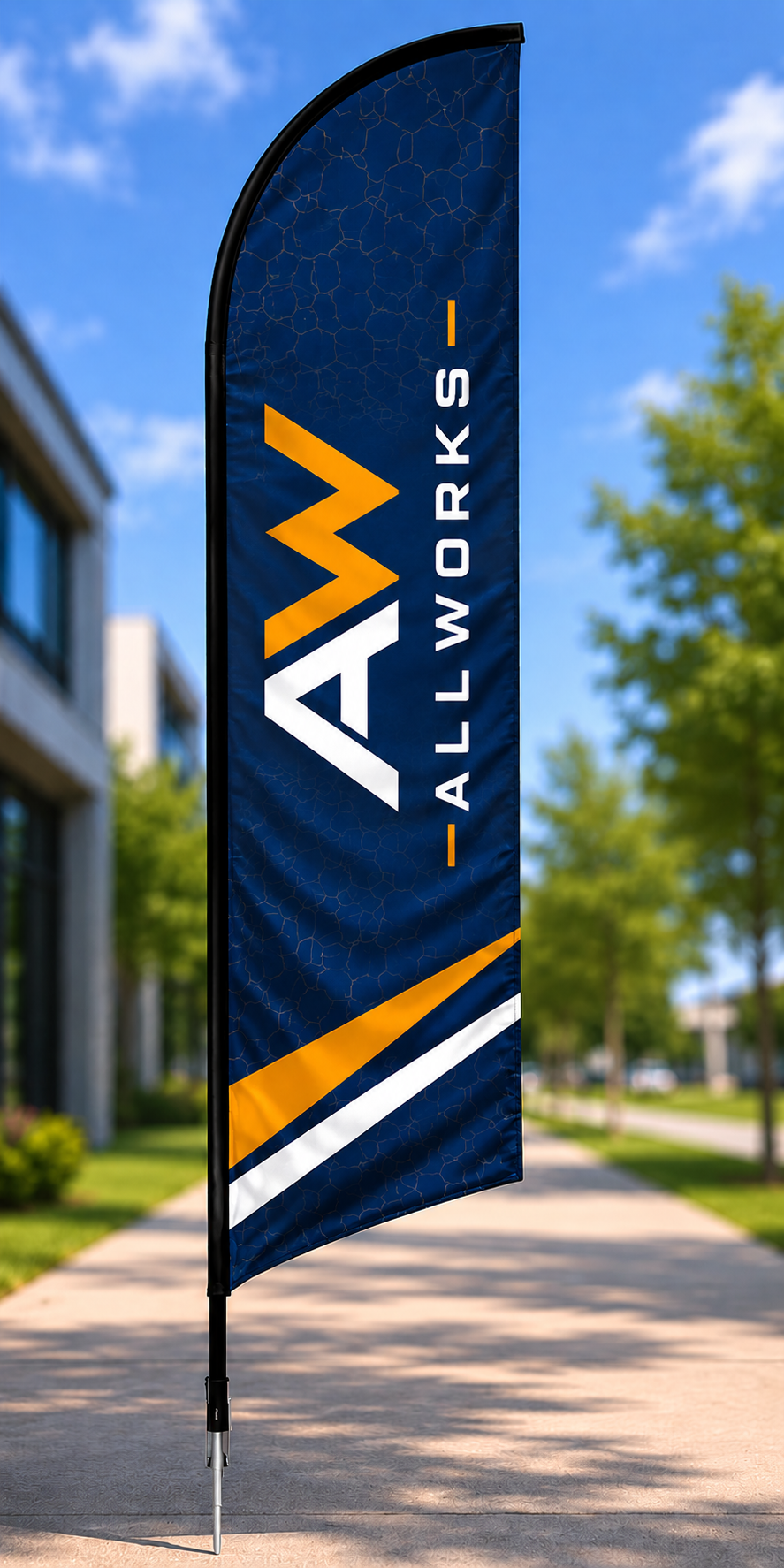Allworks branded feather flag on a pole with a building and trees in the background