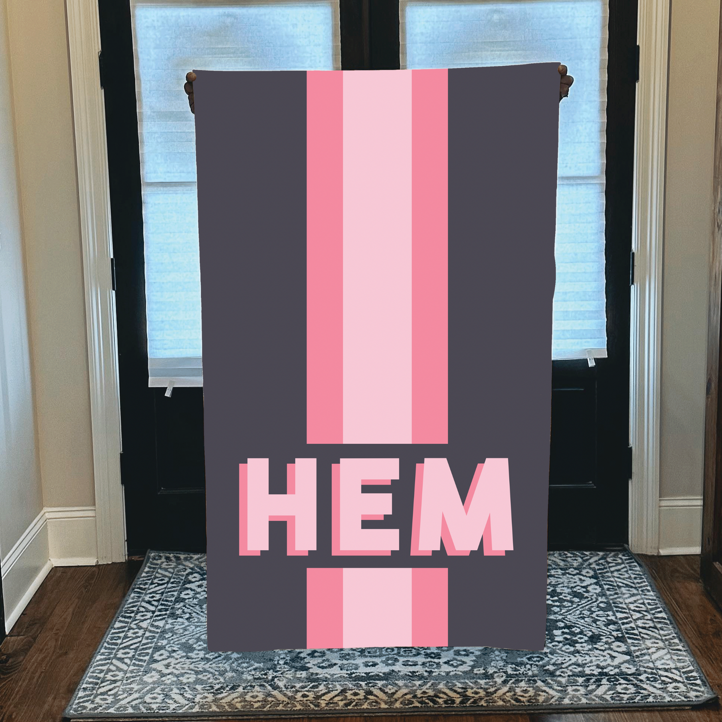 Personalized beach towel with custom monogram and pink and grey striped pastel design
