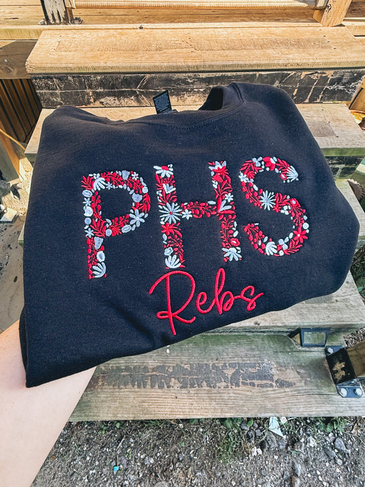 black sweatshirt with school spirit floral letters embroidered