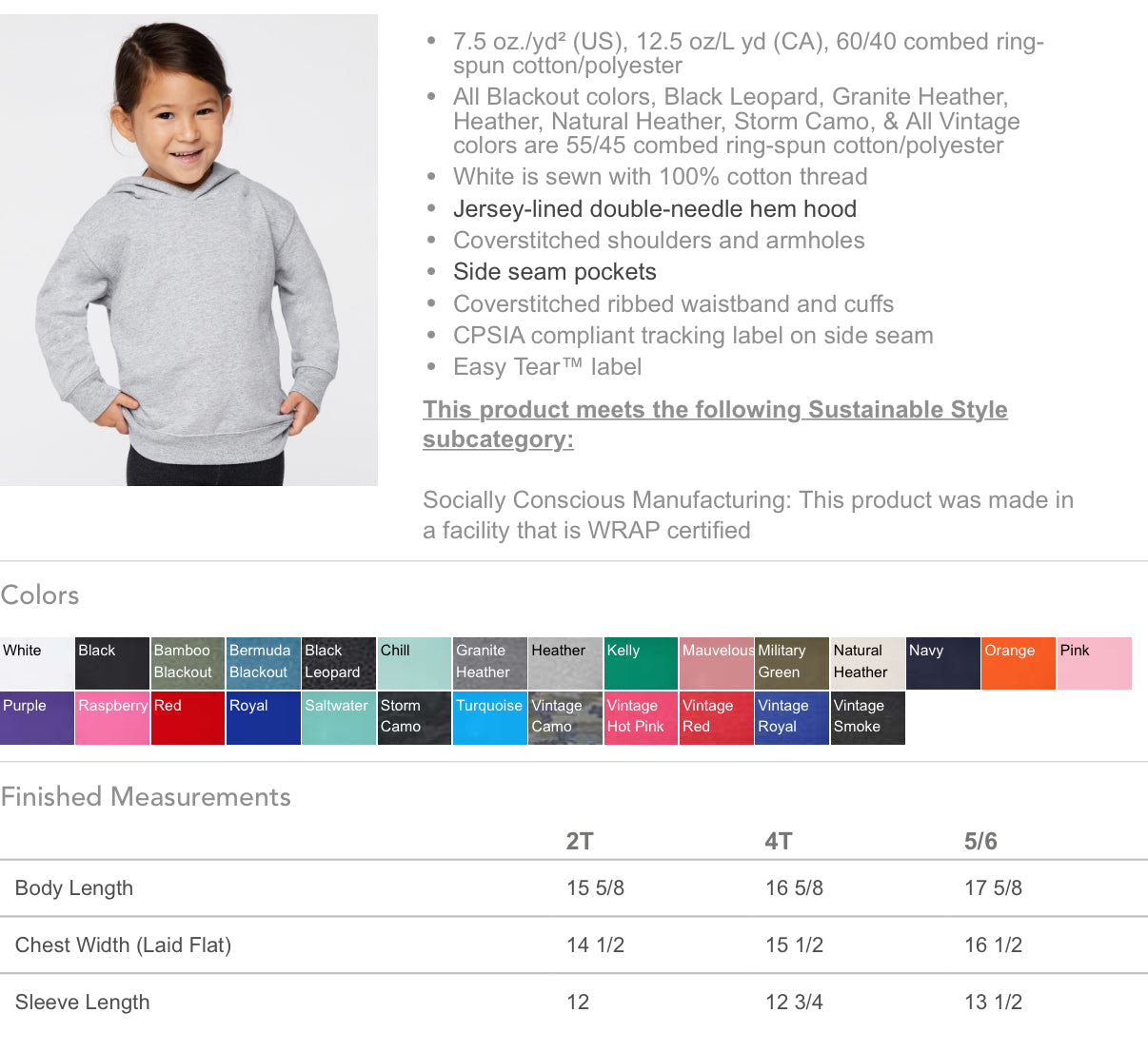 Product description page with a child wearing a gray hoodie and color options displayed.