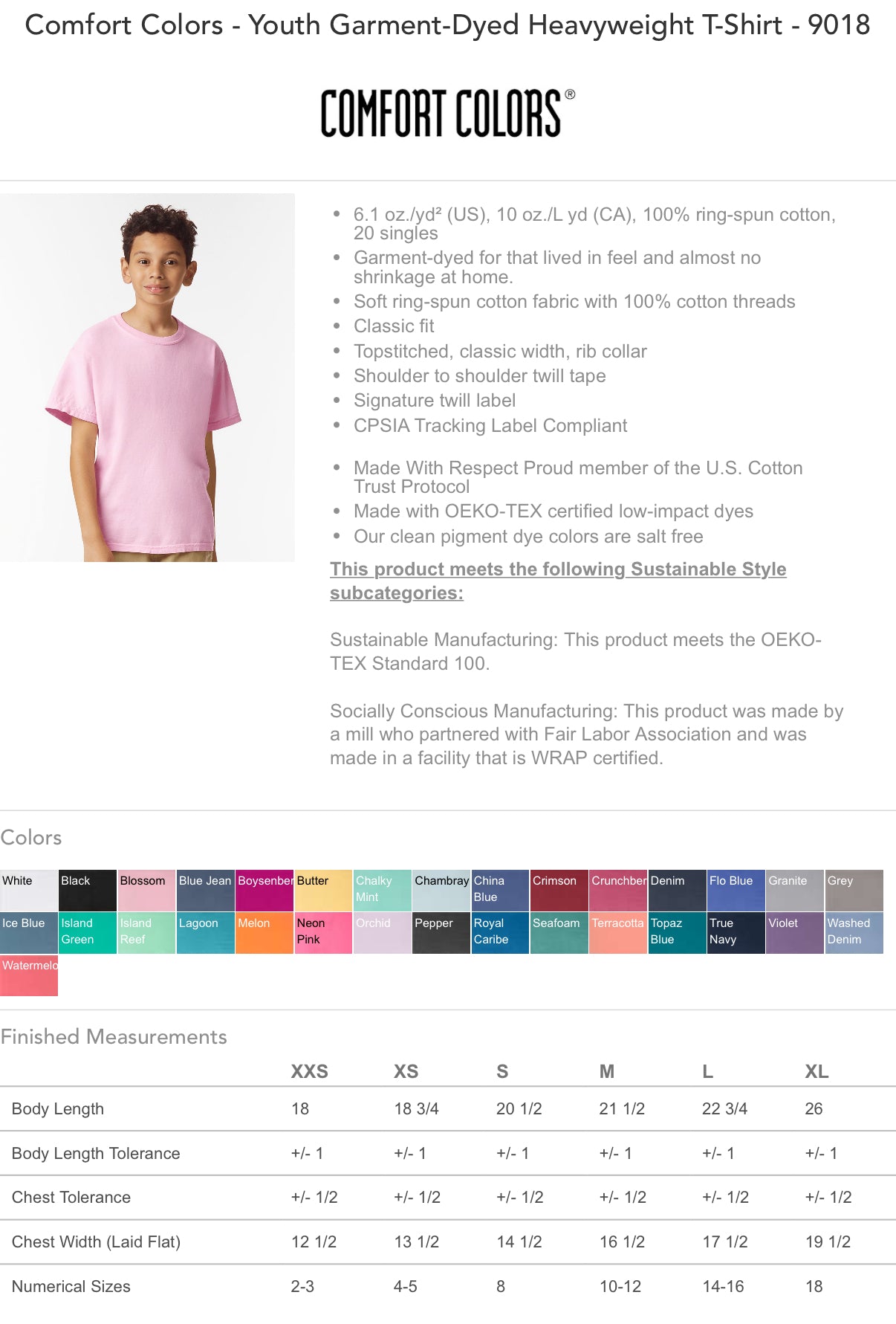 Product page for Comfort Colors Youth Garment-Dyed Heavyweight T-Shirt with a model wearing a pink shirt, color swatches, and size chart.