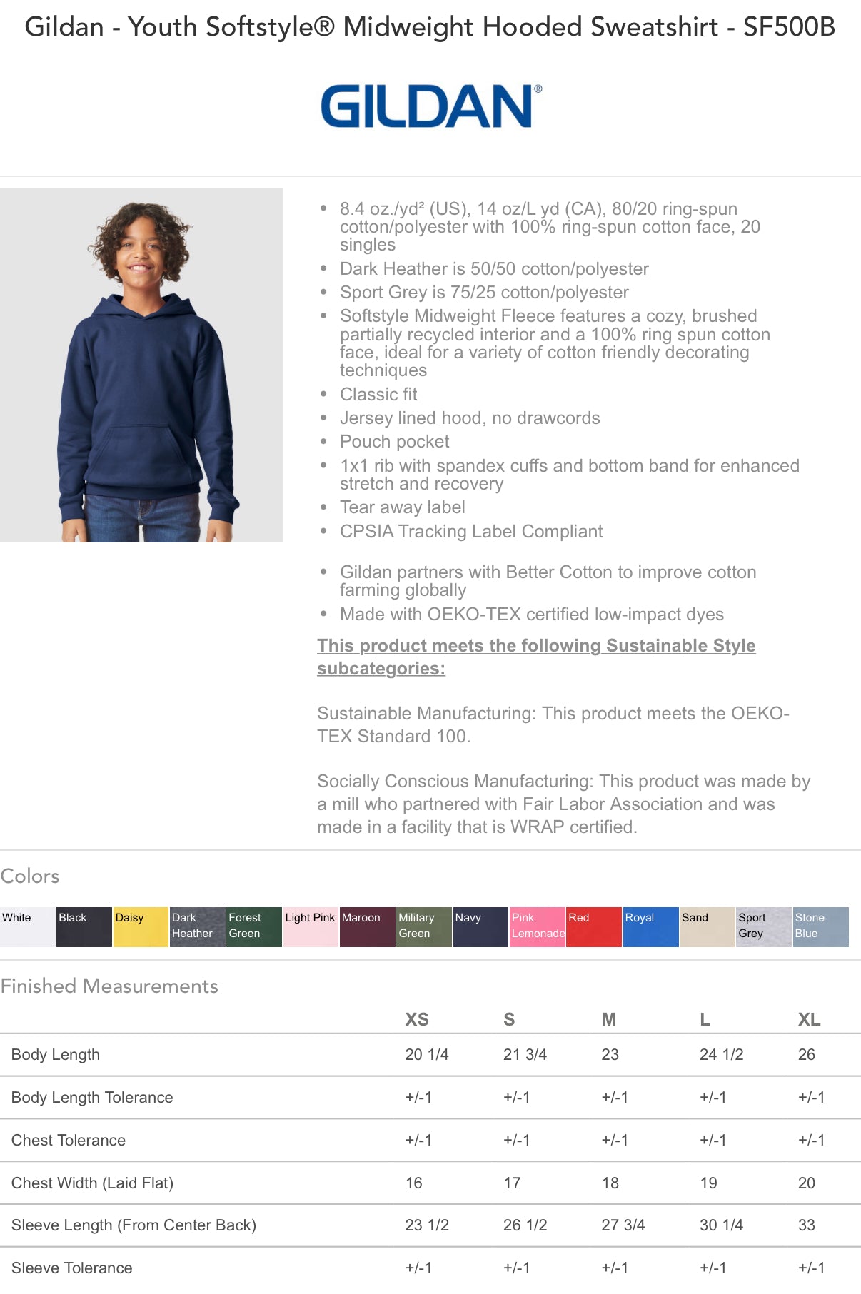 Gildan Youth Softstyle hoodie product page with specifications and color options.