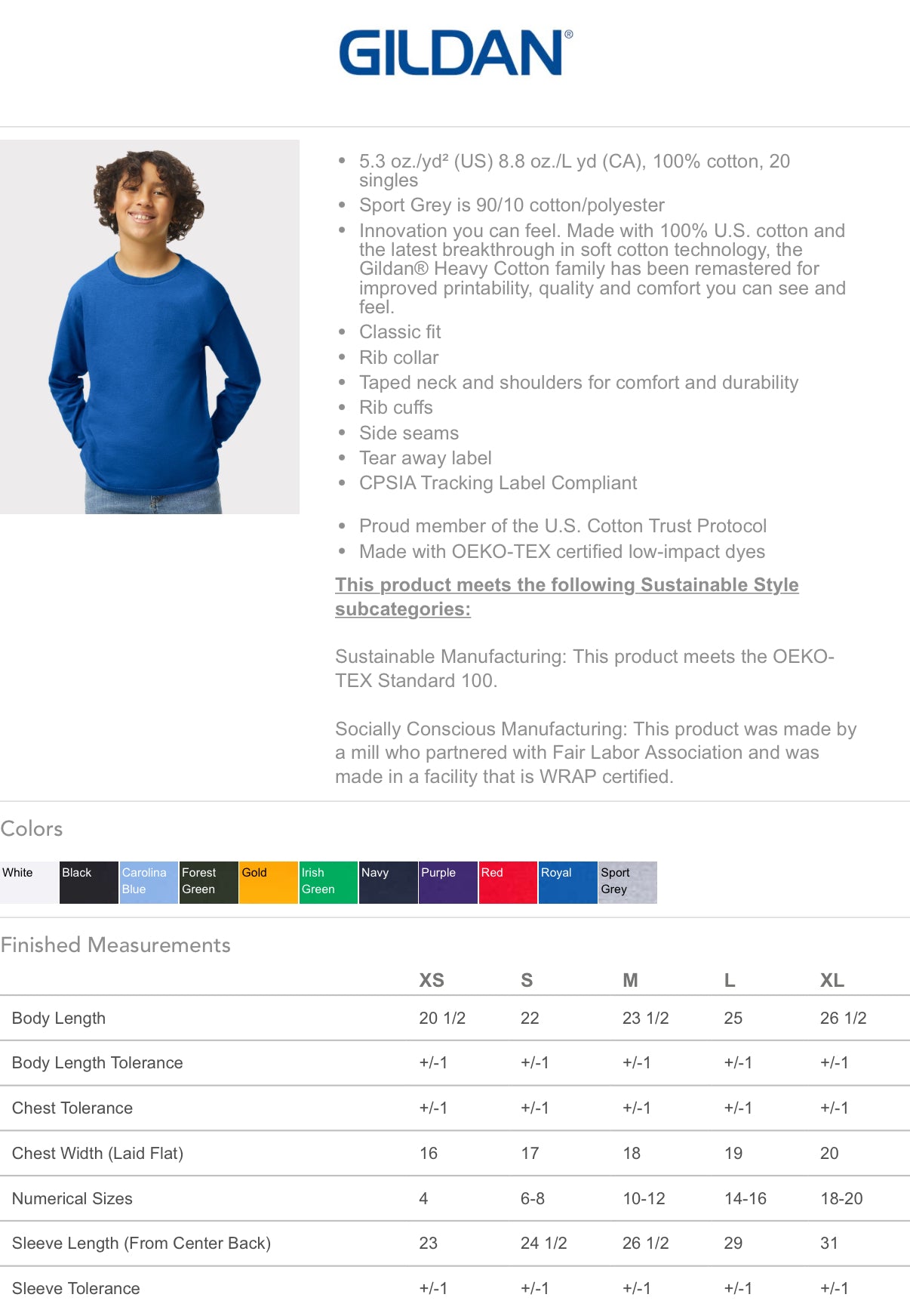 Gildan t-shirt with specifications and color options on a white background
