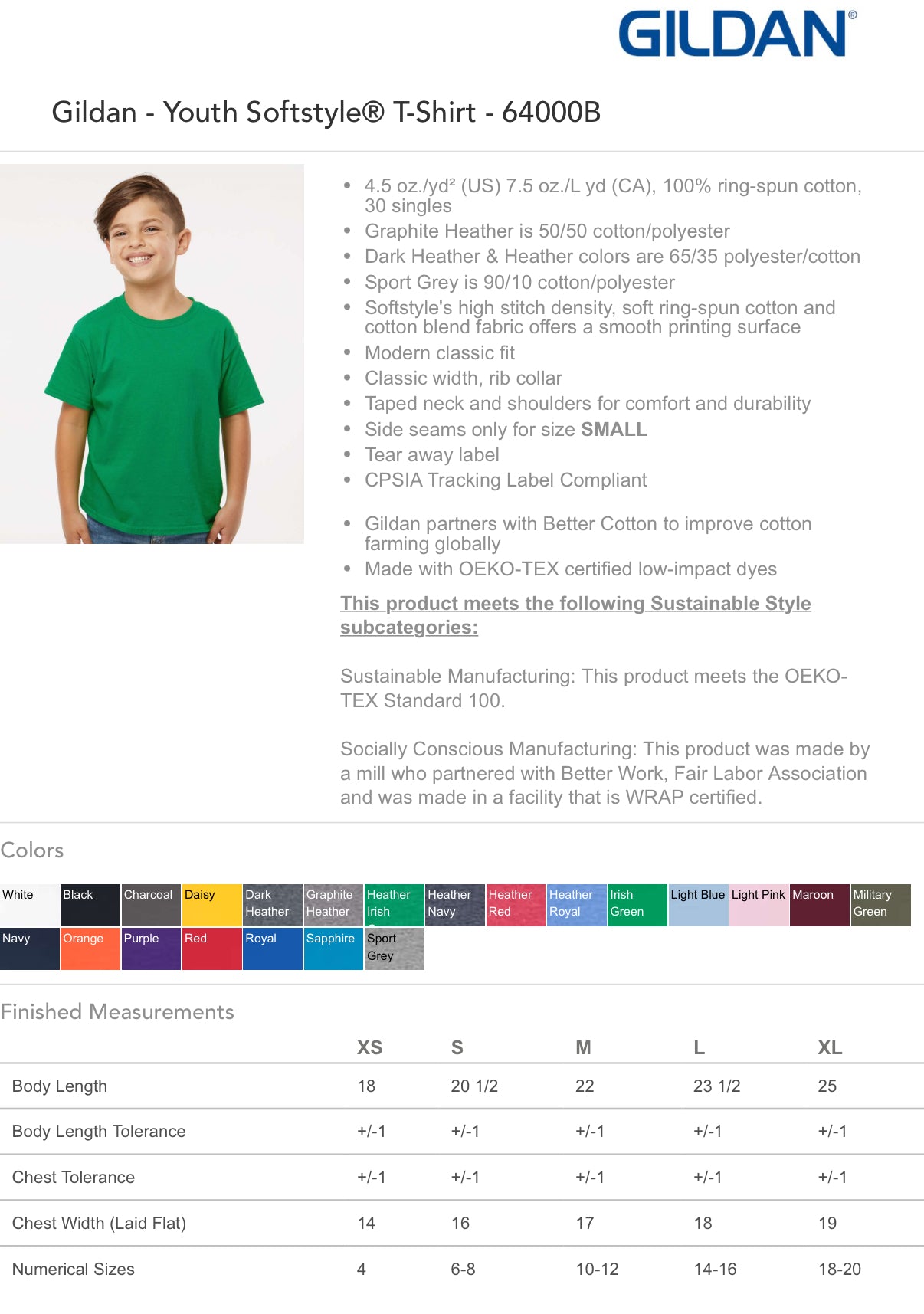 Gildan Youth Softstyle T-Shirt product page with specifications and color options.